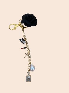 Gold-Tone Black Rose Charm Keychain with Lipstick & Pearl Charms